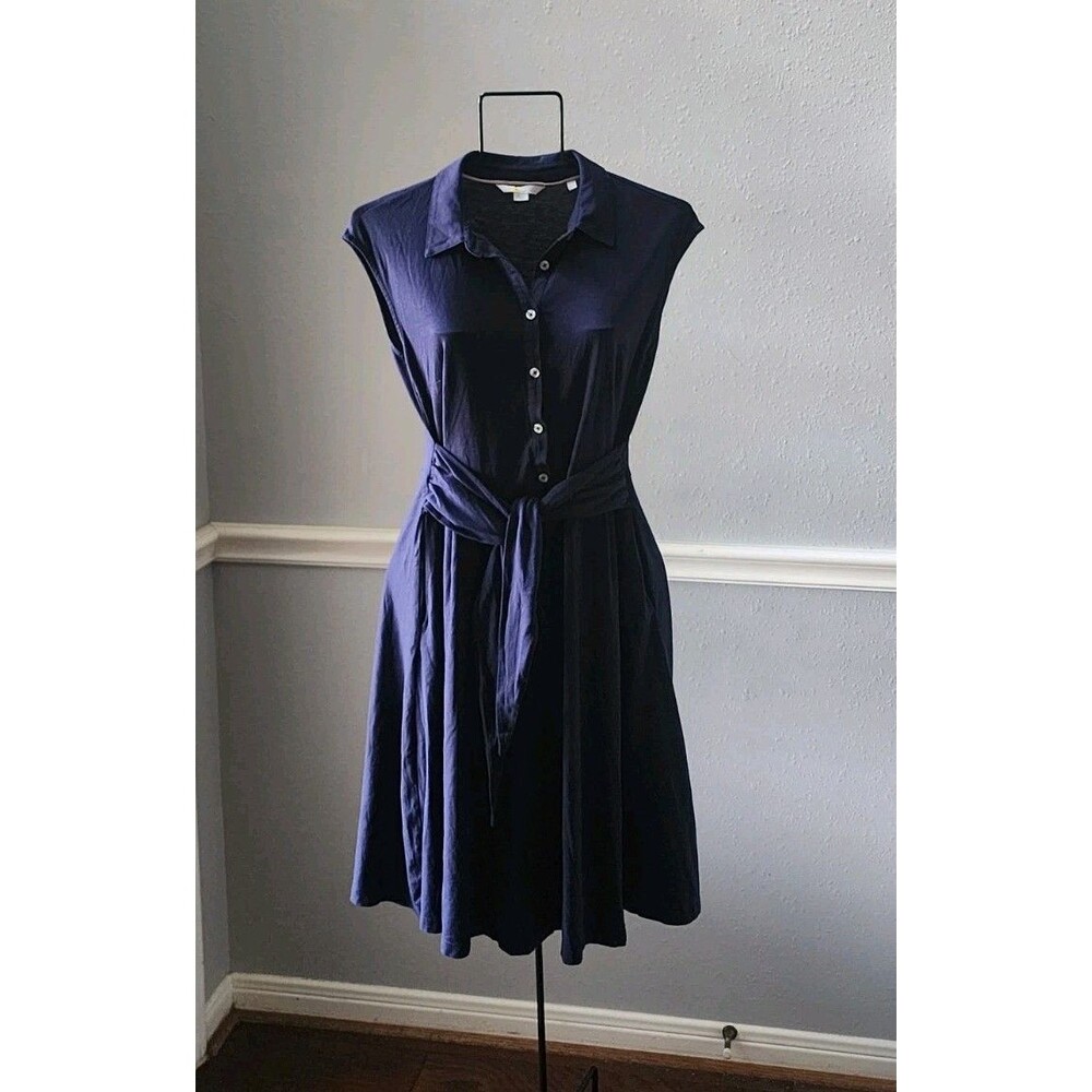 Boden Julia Jersey Shirt Dress 4 Blue Button Front Waist Tie
